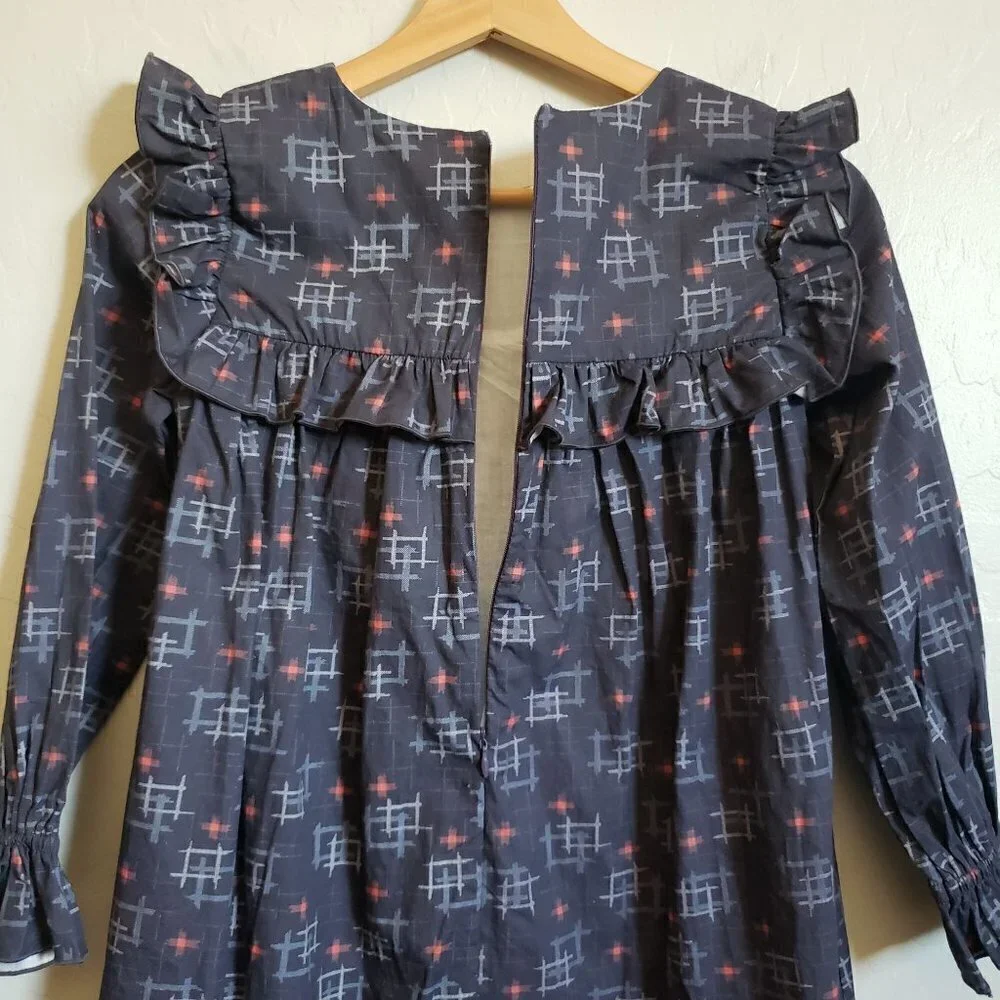 Wren & James Ruffle Bib Long Sleeve Cotton Shift Dress Navy Blue Sz Kids 10 NEW